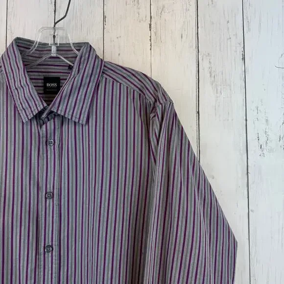 Hugo Boss Purple/Grey Striped Cotton Regular Fit Button Down Shirt Size Large - Picture 2 of 15